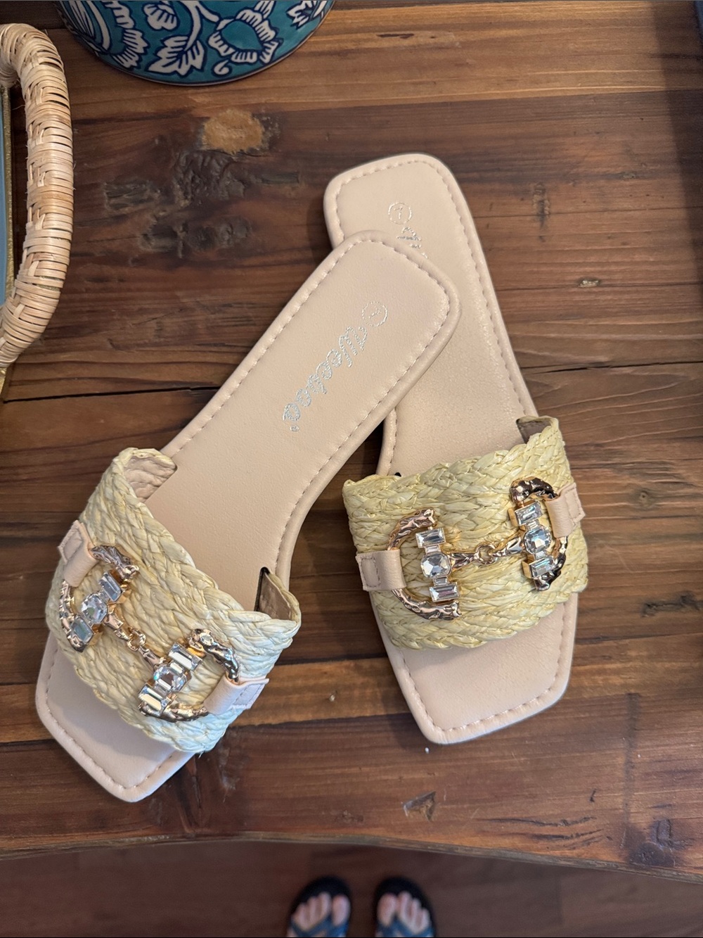 Beige Raffia Slide Sandals with Crystal Chain Accent